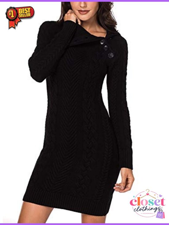 Sweaters - Turtleneck Long Sleeve Cable Knit Bodycon Sweater Dress